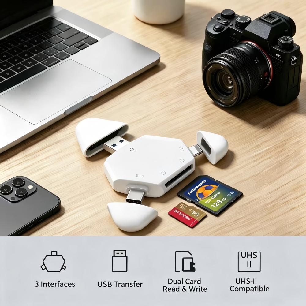 Home Assistant Sd - 3-in-1-Speicherkartenleser mit dreieckiger magnetischer Kappe, USB-C,